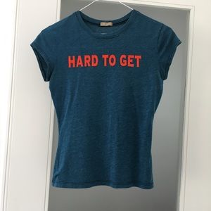 XS teal blue vintage tee w orange fuzzy lettering